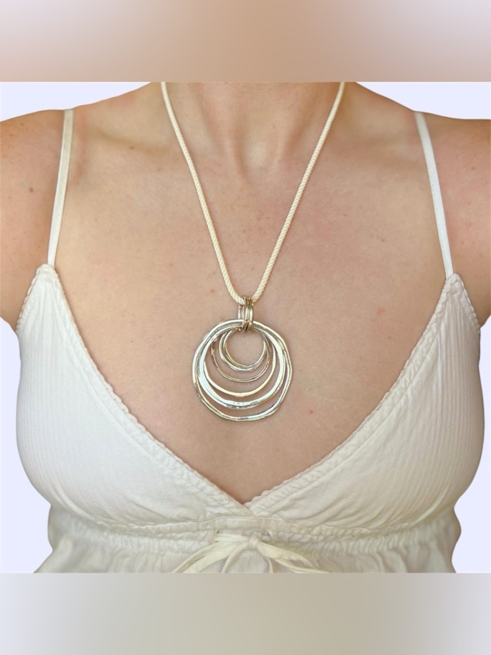 Hammered Silver Pewter Circle Statement Necklace on a White Rope Cord💫
